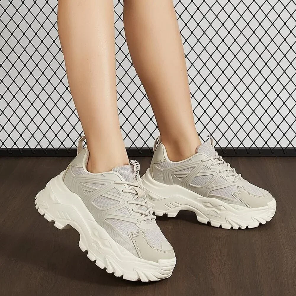 Women Taupe Casual Tennis Lace Up Chunky Sneakers Shoes